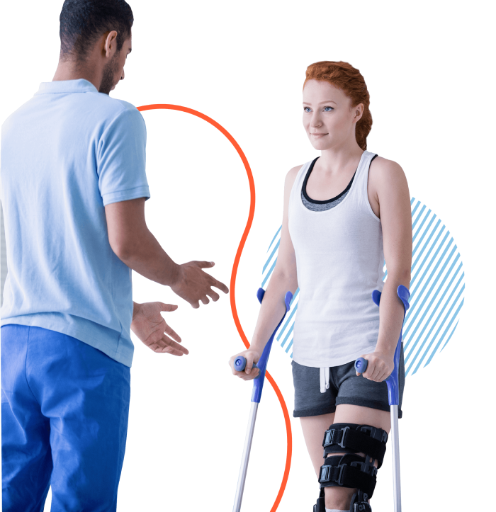 Woman with crutches with therapist